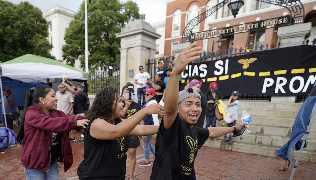 Rally in front of the Statehouse, in Boston, June 9, 2022, held in support of allowing immigrants in the country illegally to obtain driver's licenses in Massachusetts. (AP)